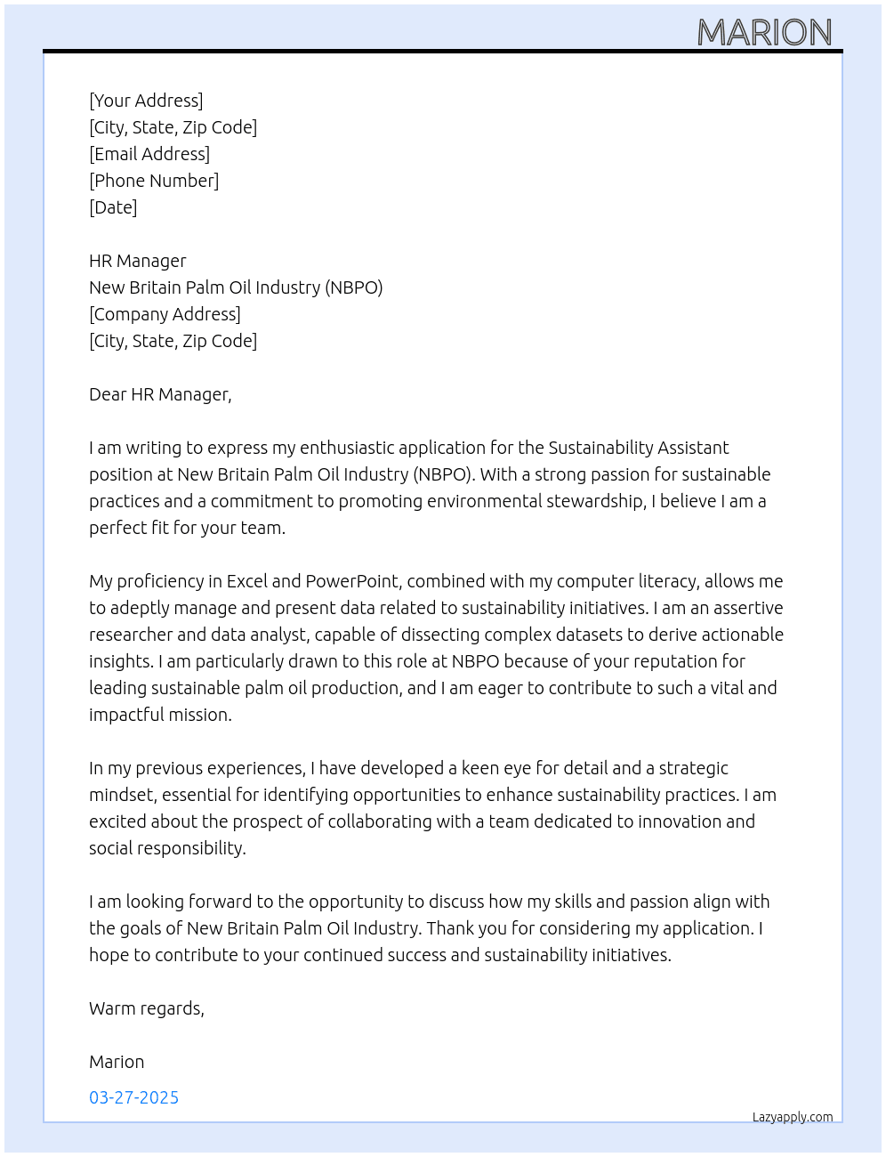 Sustainability Assistant  At New Britain Palm Oil Industry (NBPO) Cover Letter