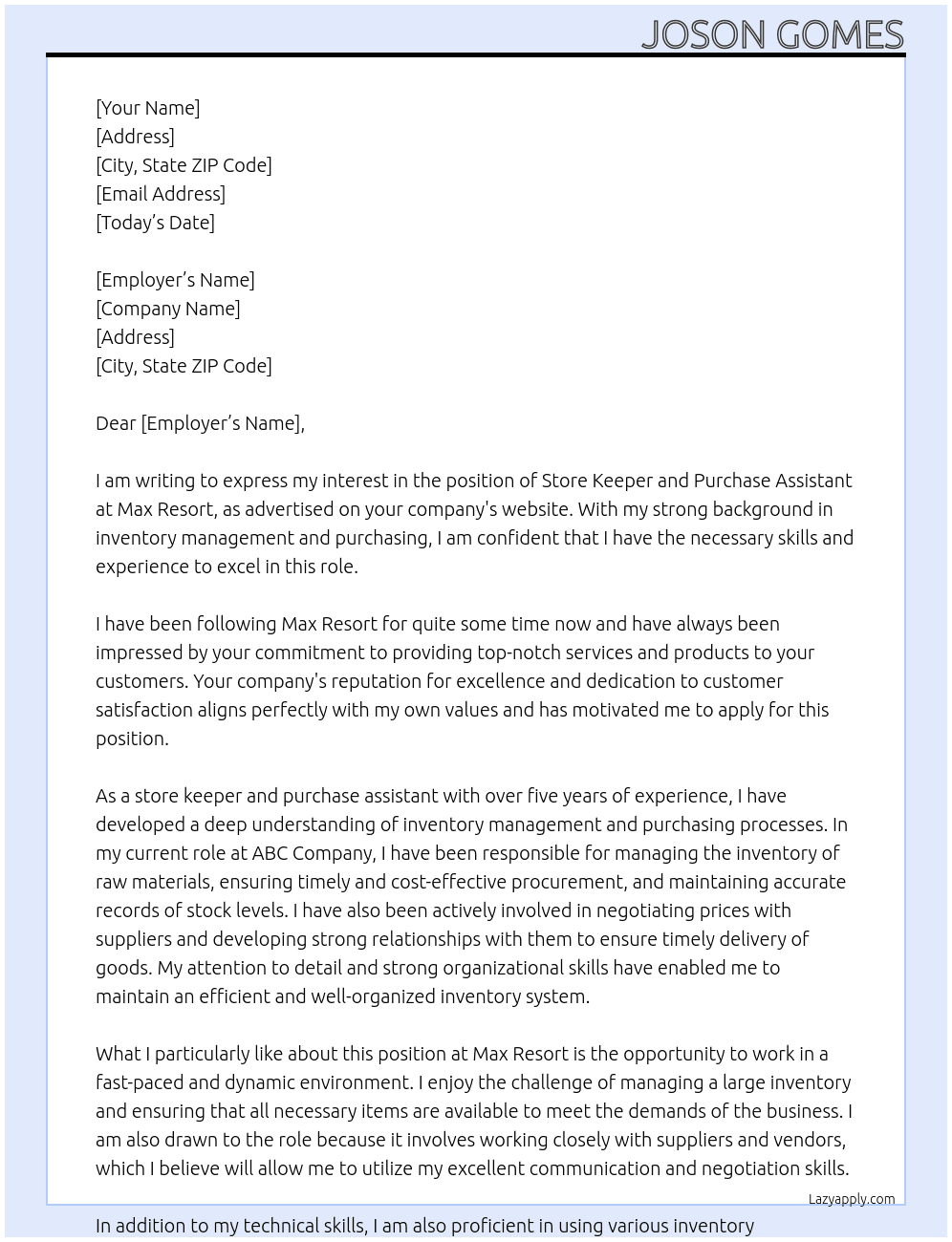 Store keeper and purchase assistant  At Max resort  Cover Letter