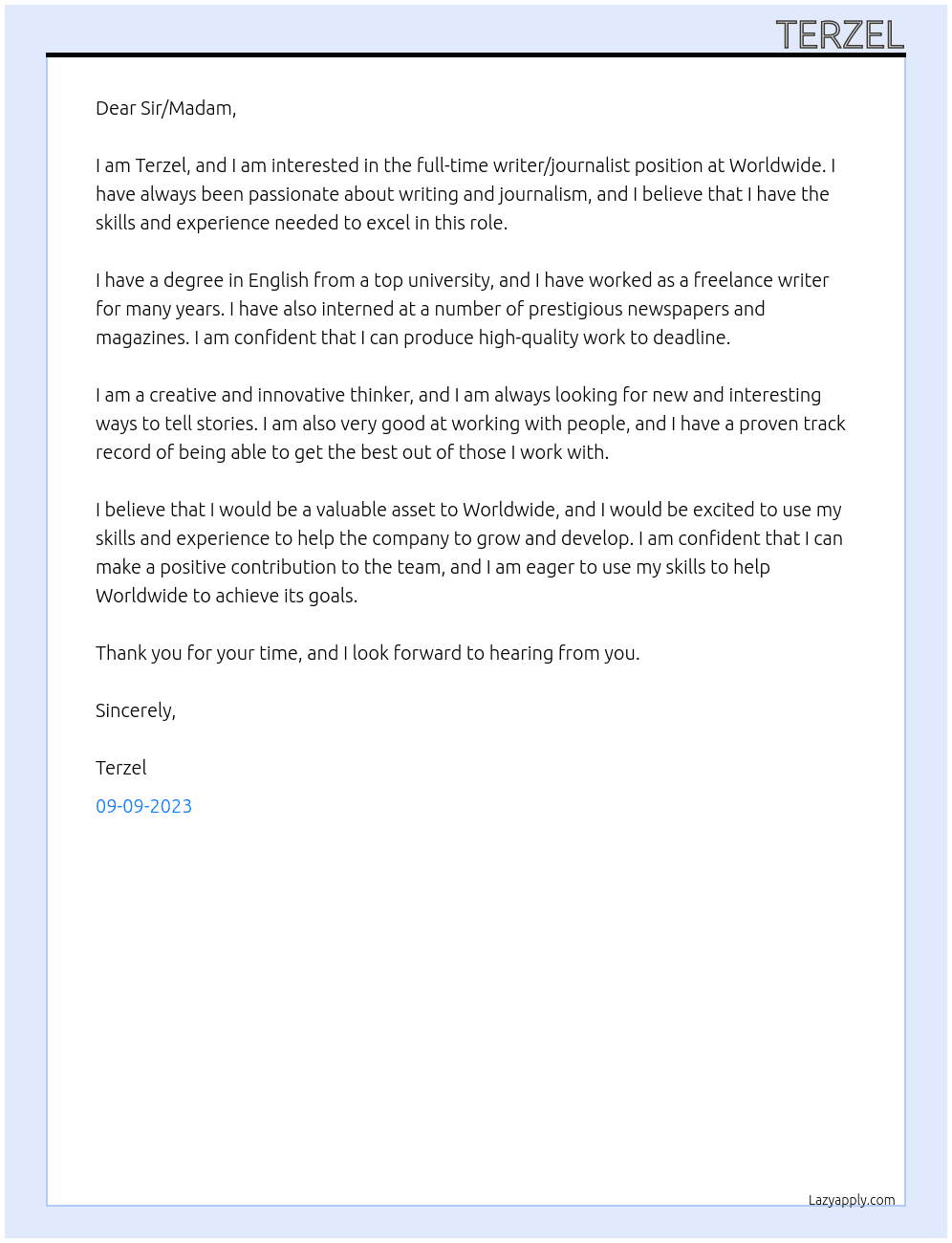 Full Time Writer/Journalist Position At Worldwide Cover Letter