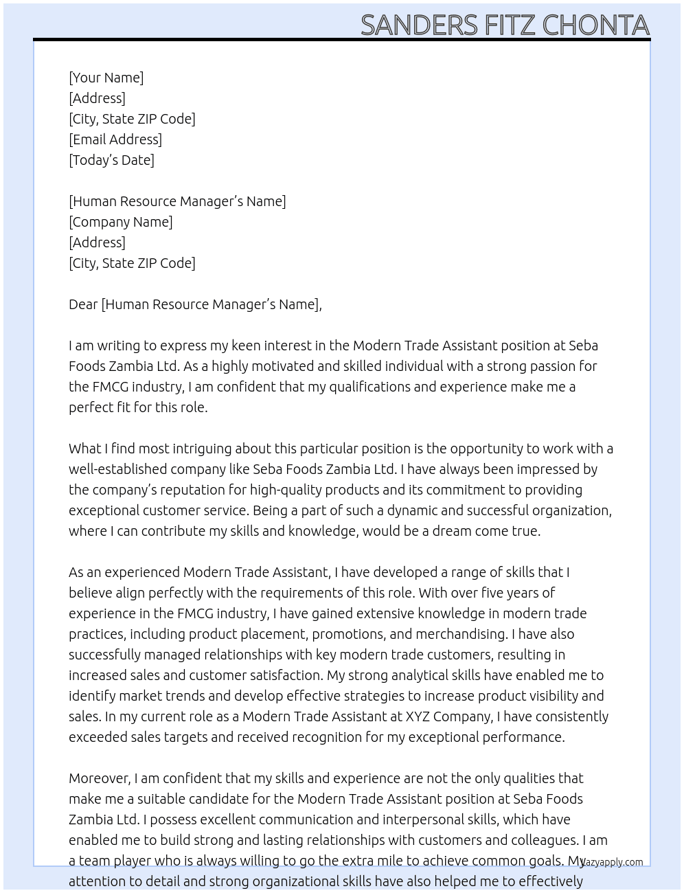 Modern Trade Assistant At Seba Foods Zambia Ltd. Cover Letter