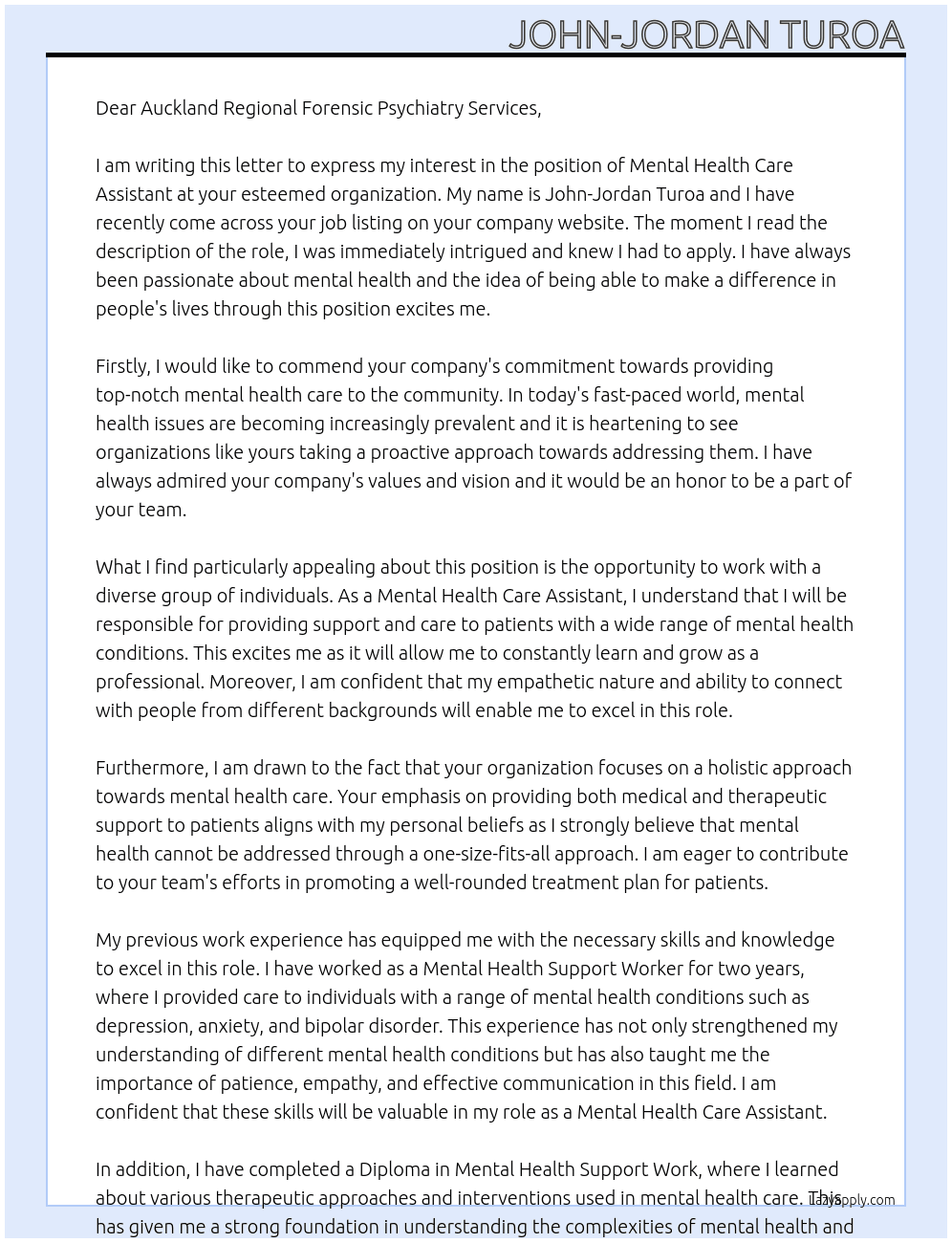 Cover letter for mental health care assistant - LazyApply