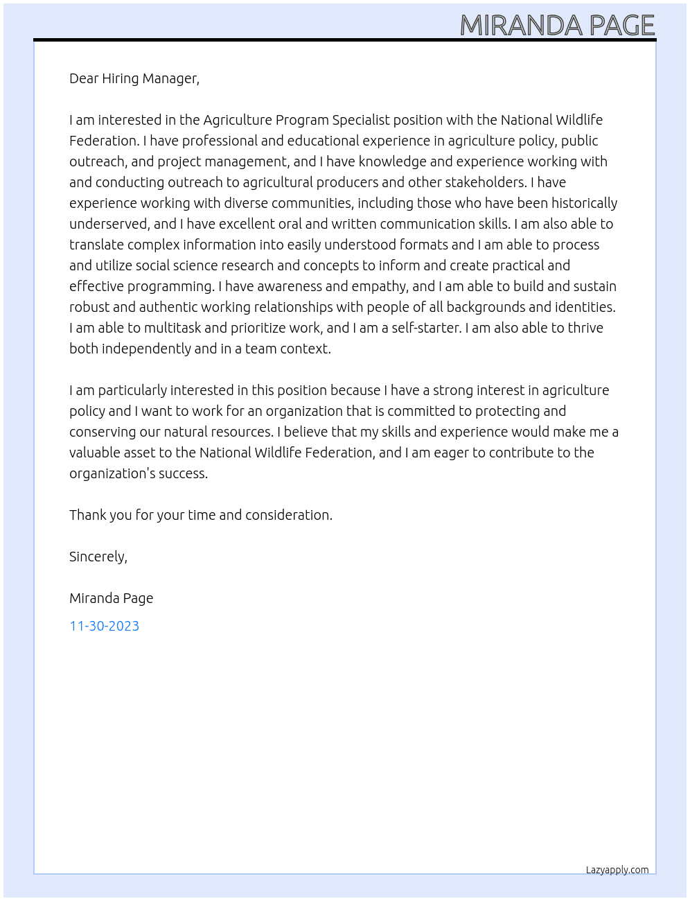 Agriculture Program Specialist At National Wildlife Federation Cover Letter