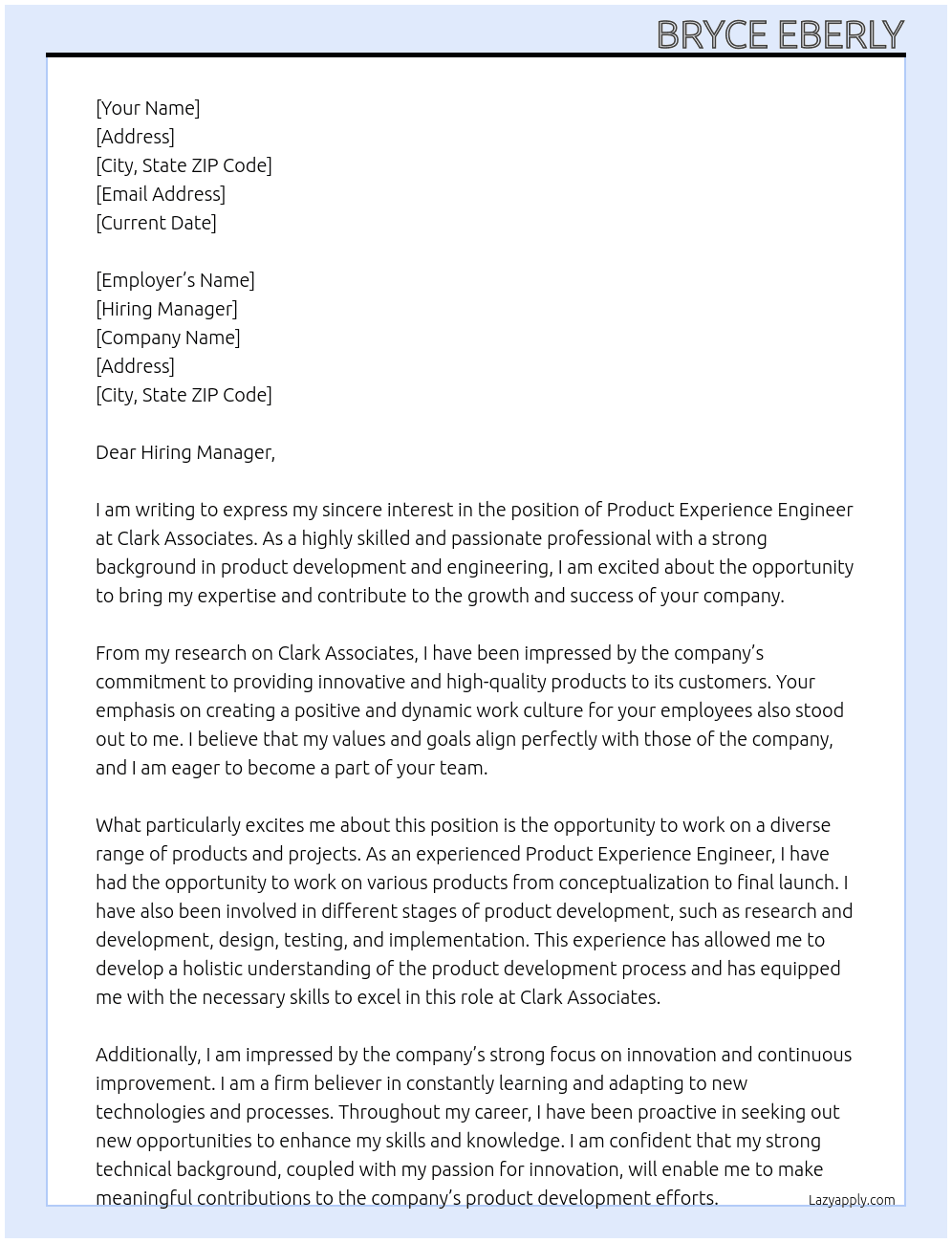 Product Experience Engineer At Clark Associates Cover Letter