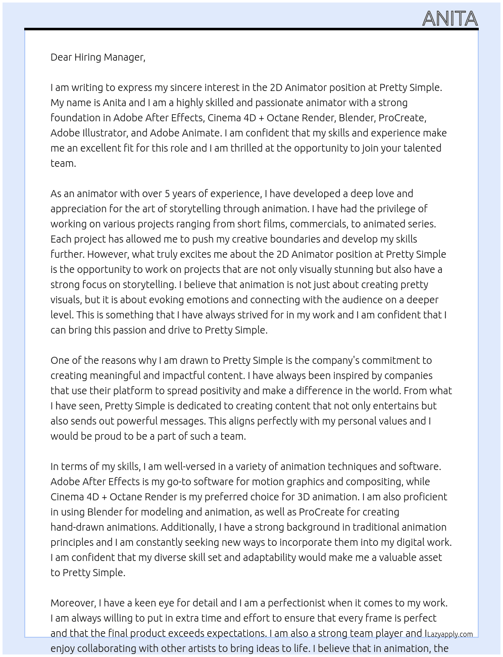 2D animator At Pretty simple Cover Letter