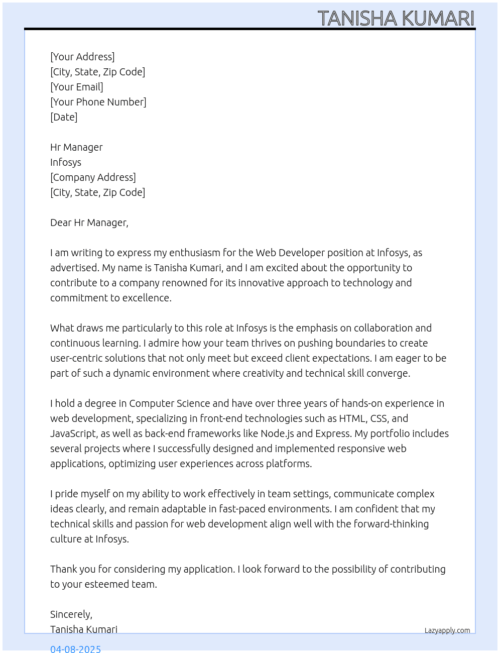 Web devloper At Infosys Cover Letter