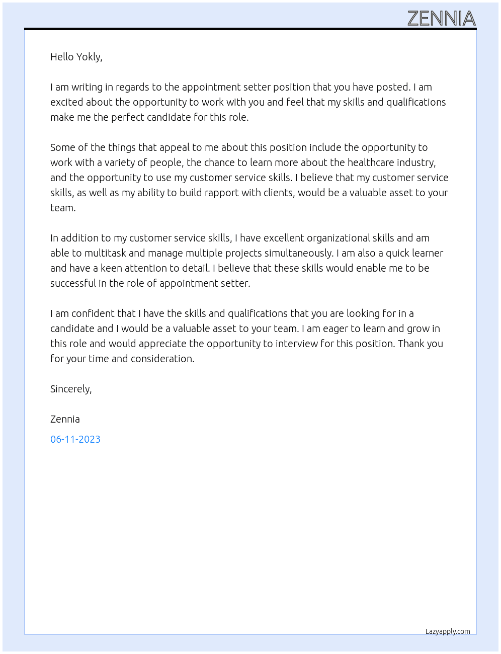 appointment setter At yokly Cover Letter