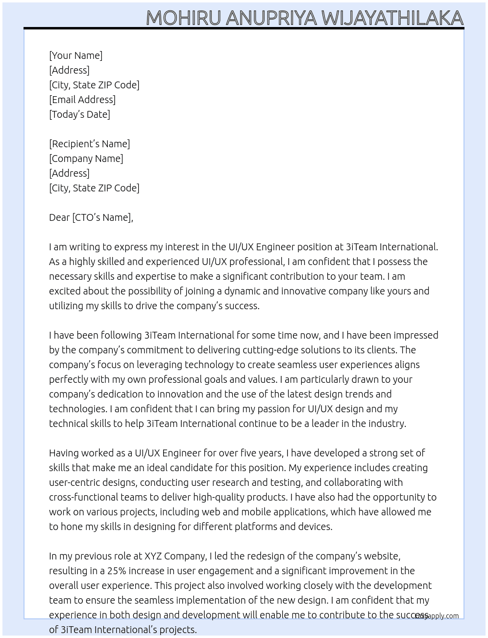 UI/UX Engineer At 3iTeam International  Cover Letter