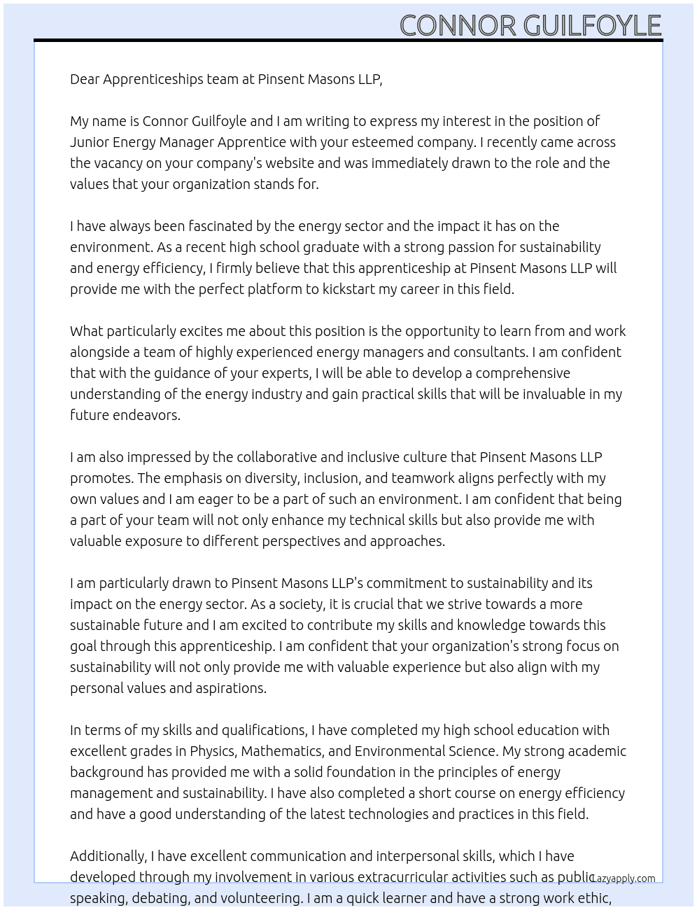 Junior energy manager apprentice At Pinsent Masons LLP Cover Letter