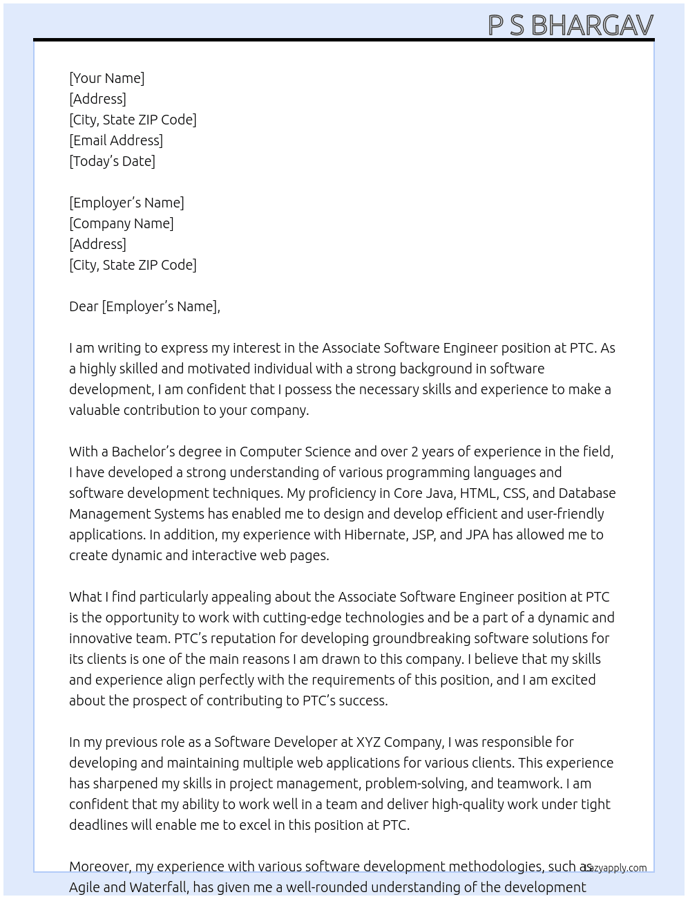 Associate Software Engineer At PTC Cover Letter