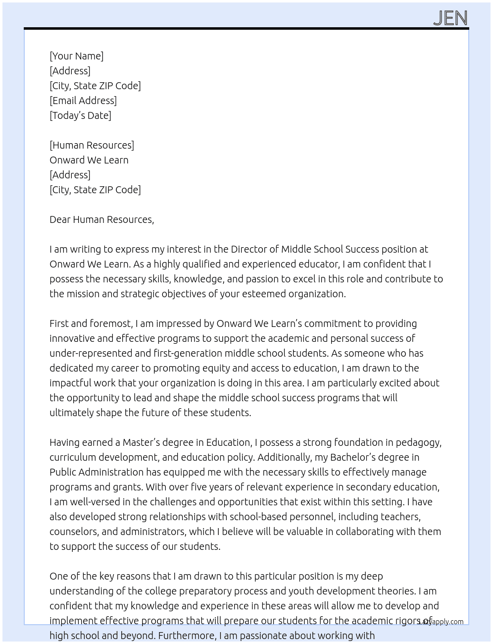 Director of Middle School Success At Onward We Learn Cover Letter