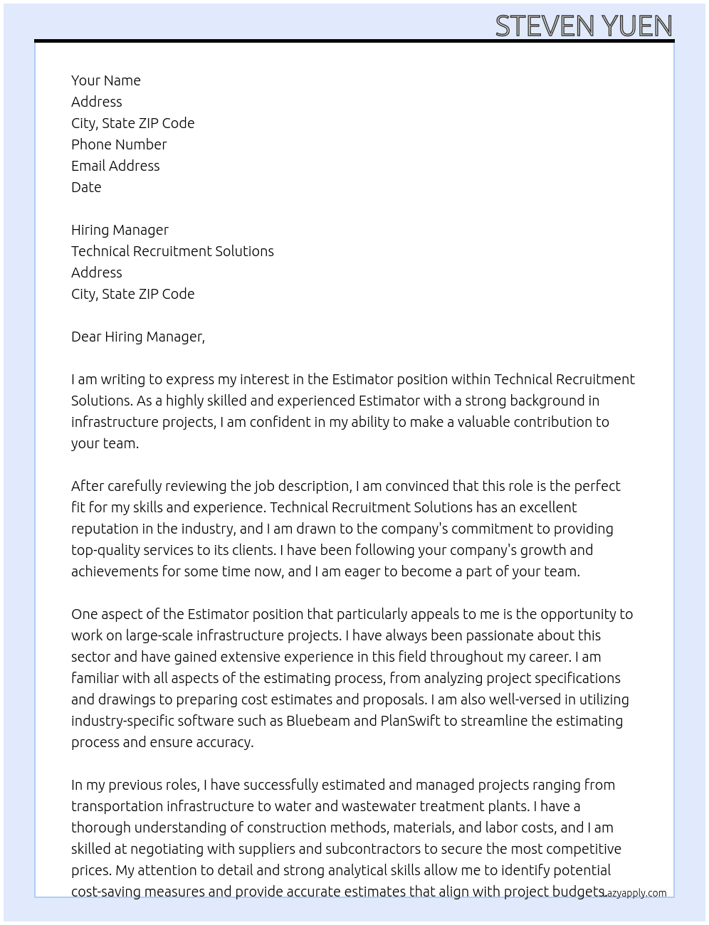 Estimator (Infrastructure) At Technical Recruitment Solutions  Cover Letter