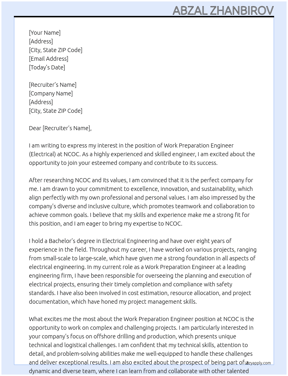 Work Preparation Engineer (Electrical) At NCOC Cover Letter