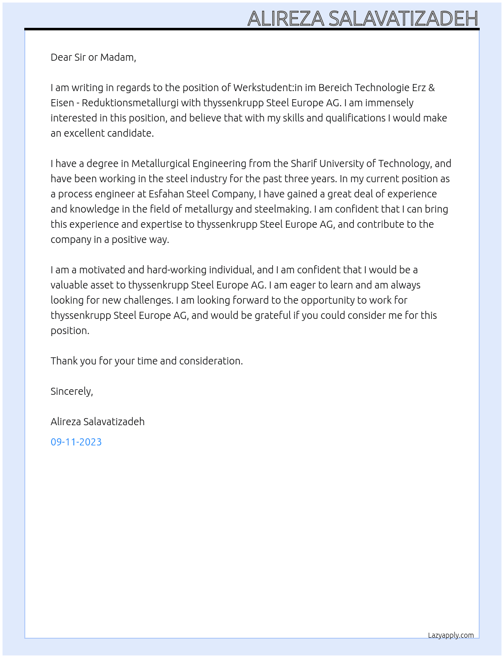 Werkstudent:in im Bereich Technologie Erz & Eisen - Reduktionsmetallurgi At thyssenkrupp Steel Europe AG Cover Letter
