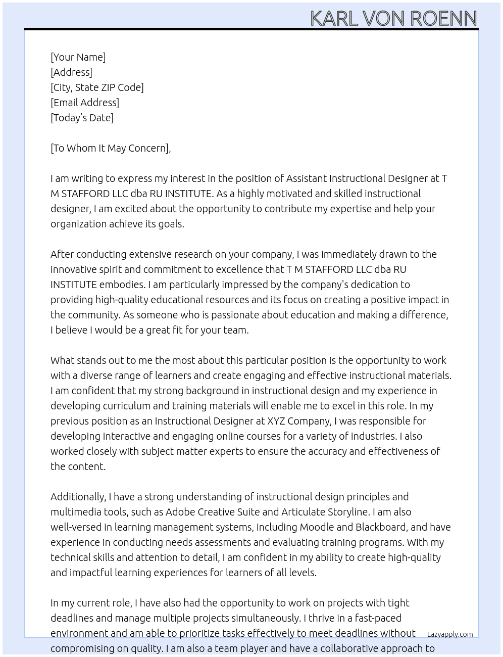 Assistant Instructional Designer At T M STAFFORD LLC dba RU INSTITUTE Cover Letter