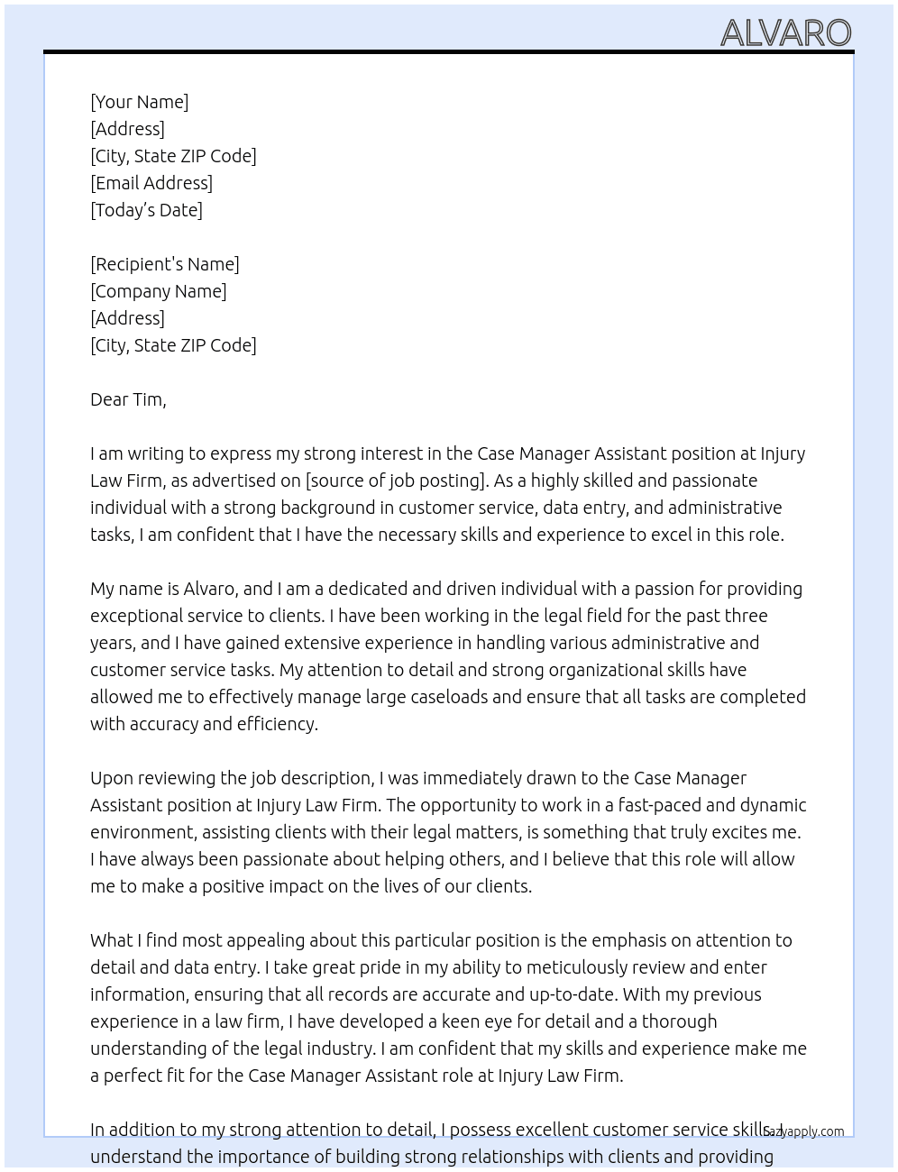 Case Manager Assistants At Injury Law Firm Cover Letter