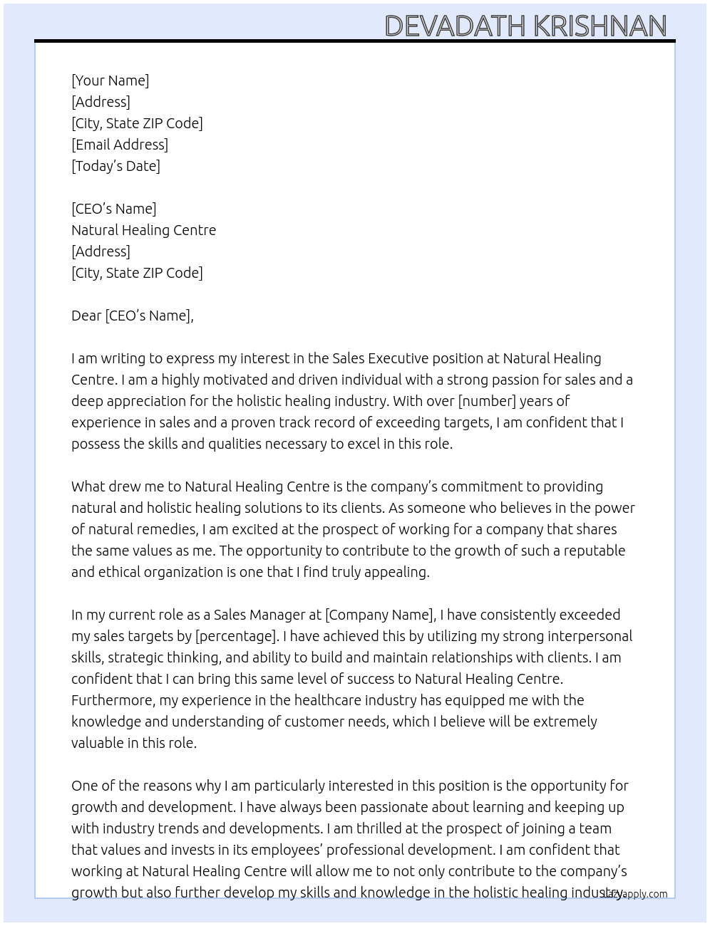 Sales executive  At Natural healing centre  Cover Letter