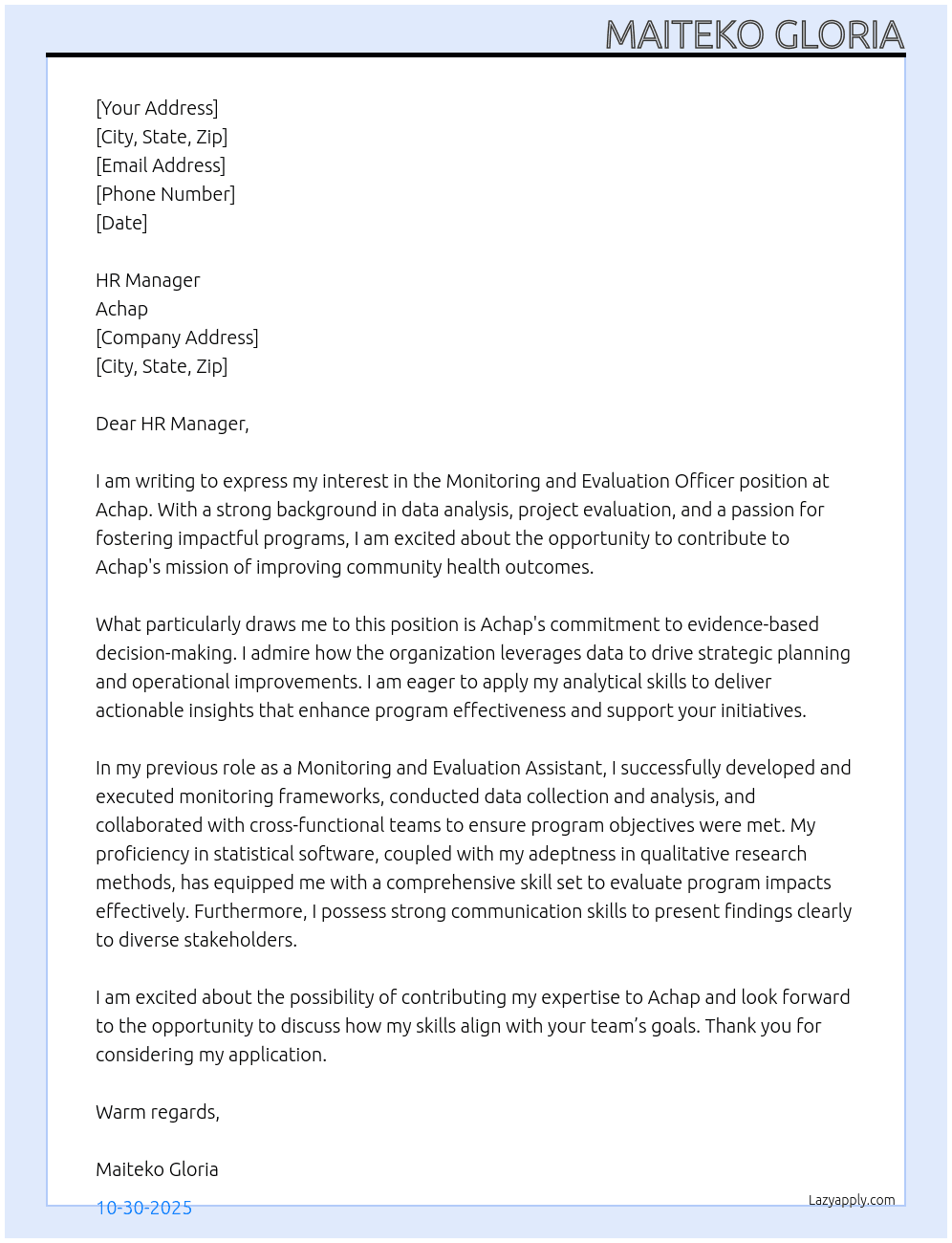 Monitoring and Evaluation officer  At Achap  Cover Letter