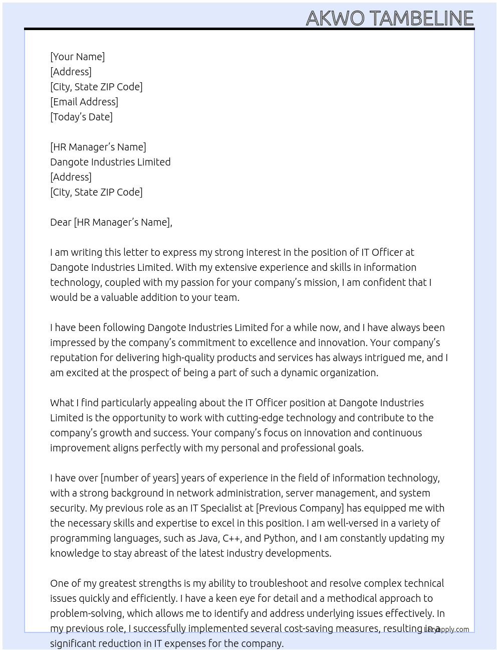 it officer At Dangote Industries Limited Cover Letter