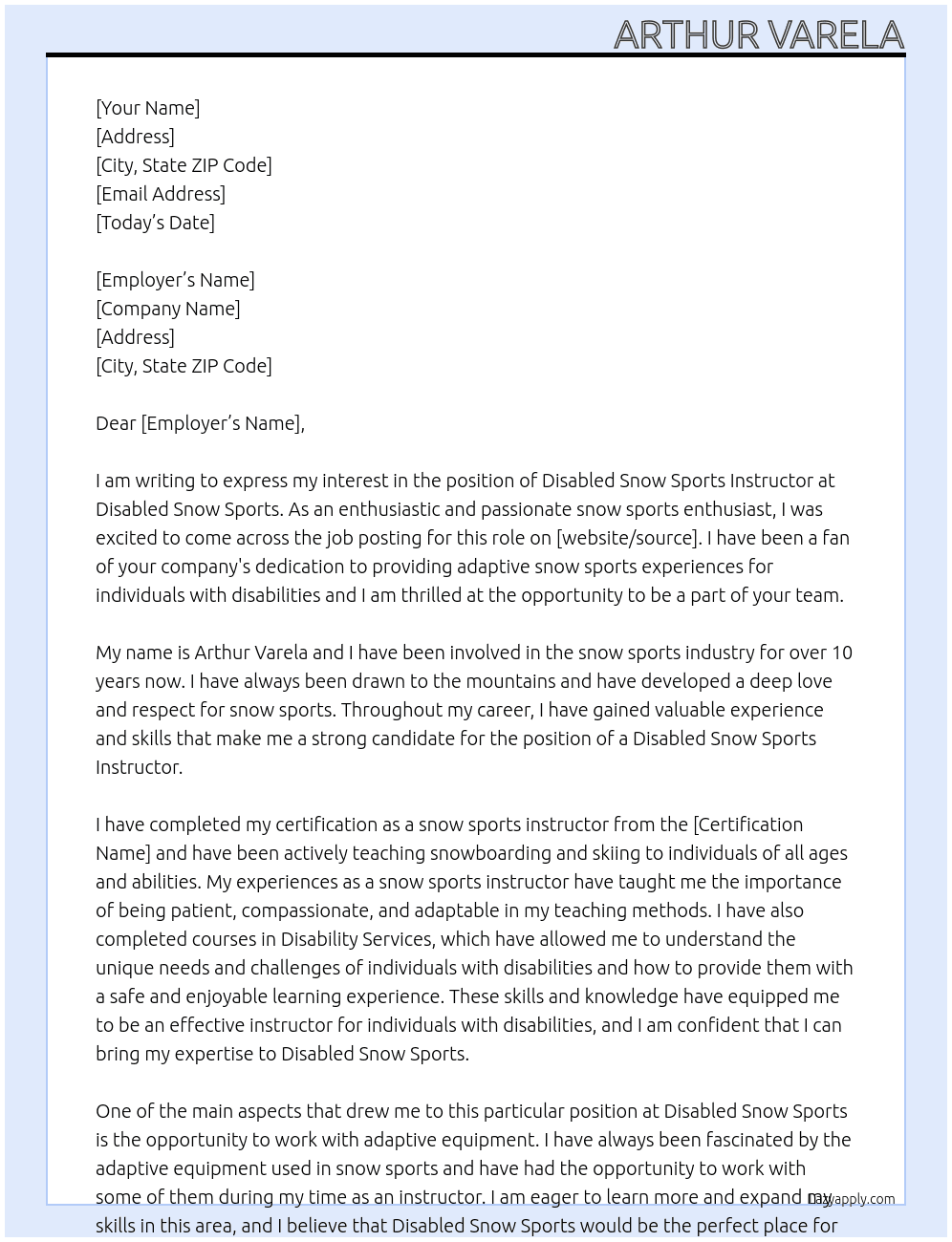 disabled snow sports instructor At Disabled Snow Sports Cover Letter