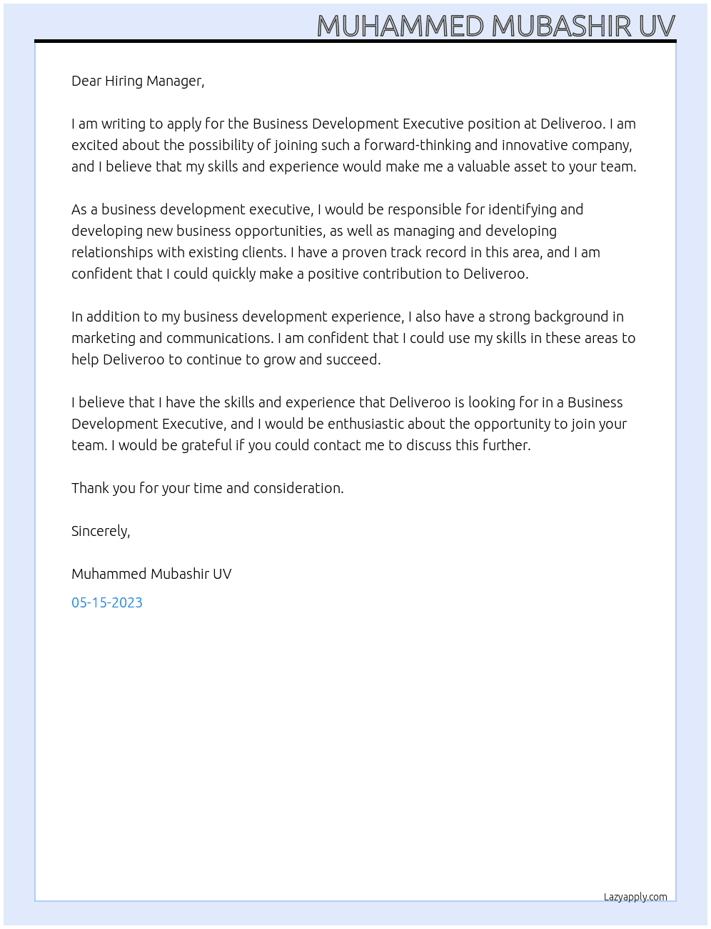 Business Development Executive At Deliveroo Cover Letter