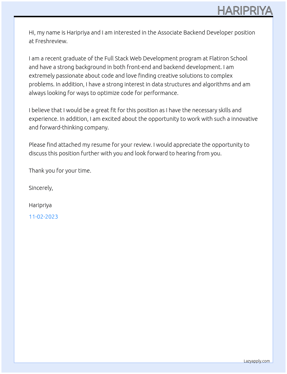 associate backend developer At Freshreview Cover Letter