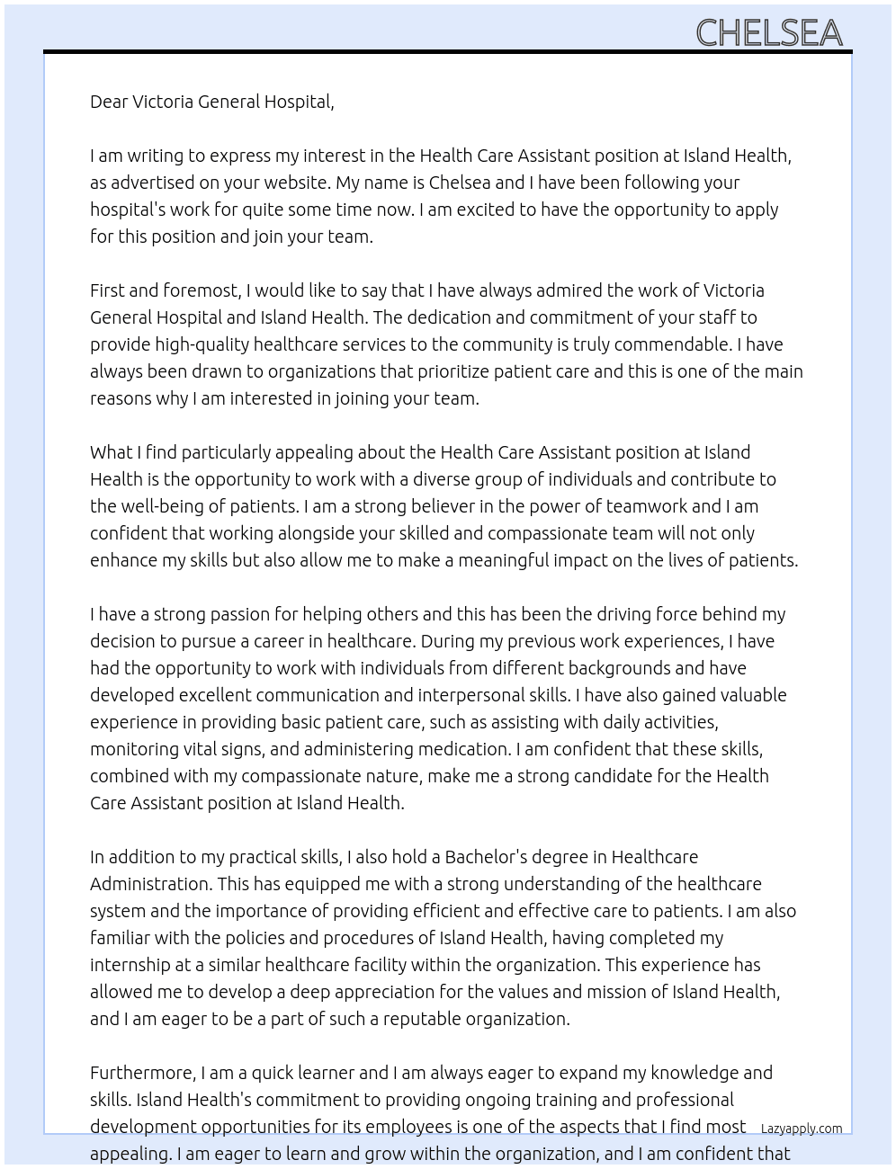 Health care assistant  At Island health  Cover Letter