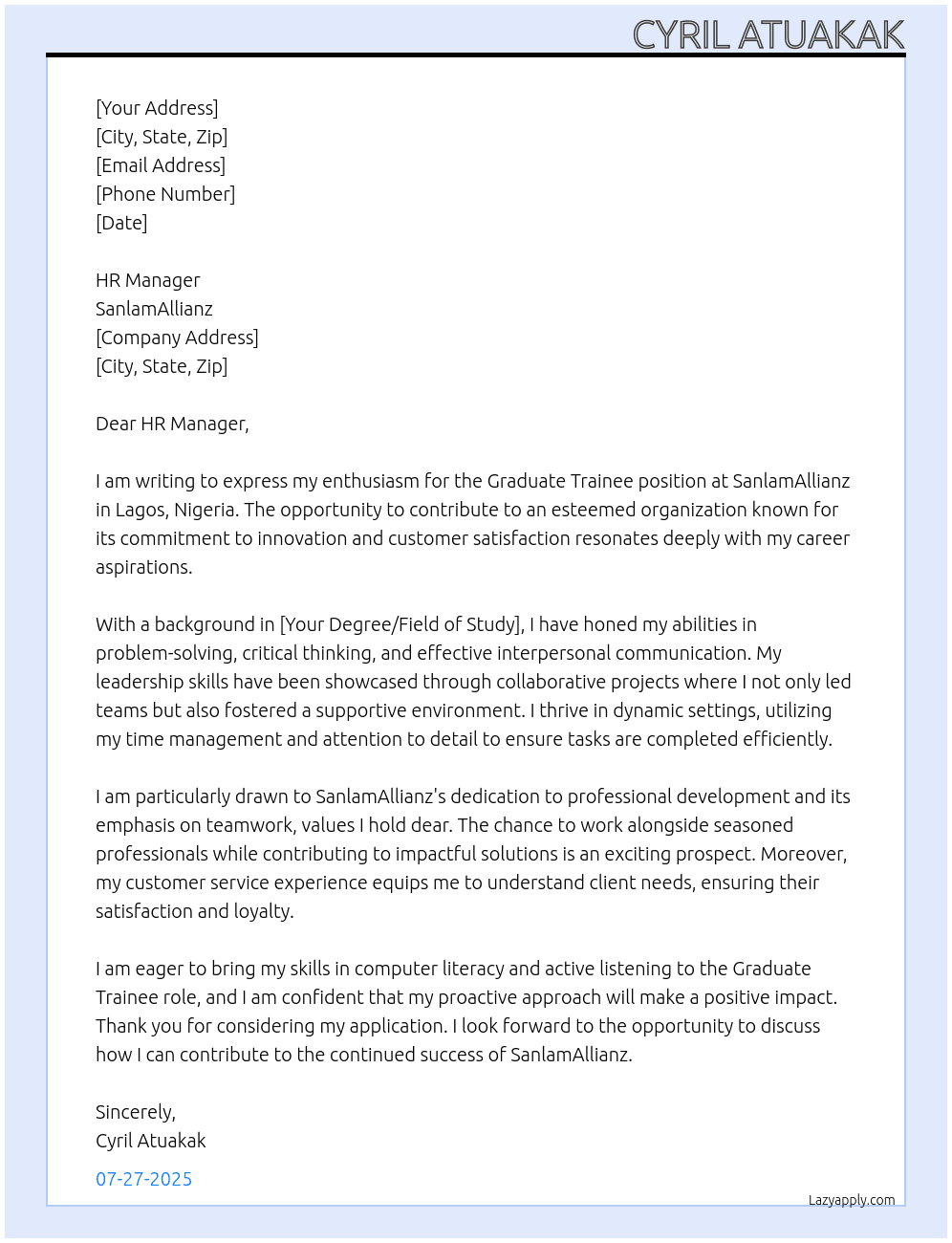 Graduate Trainee At SanlamAllianz Cover Letter