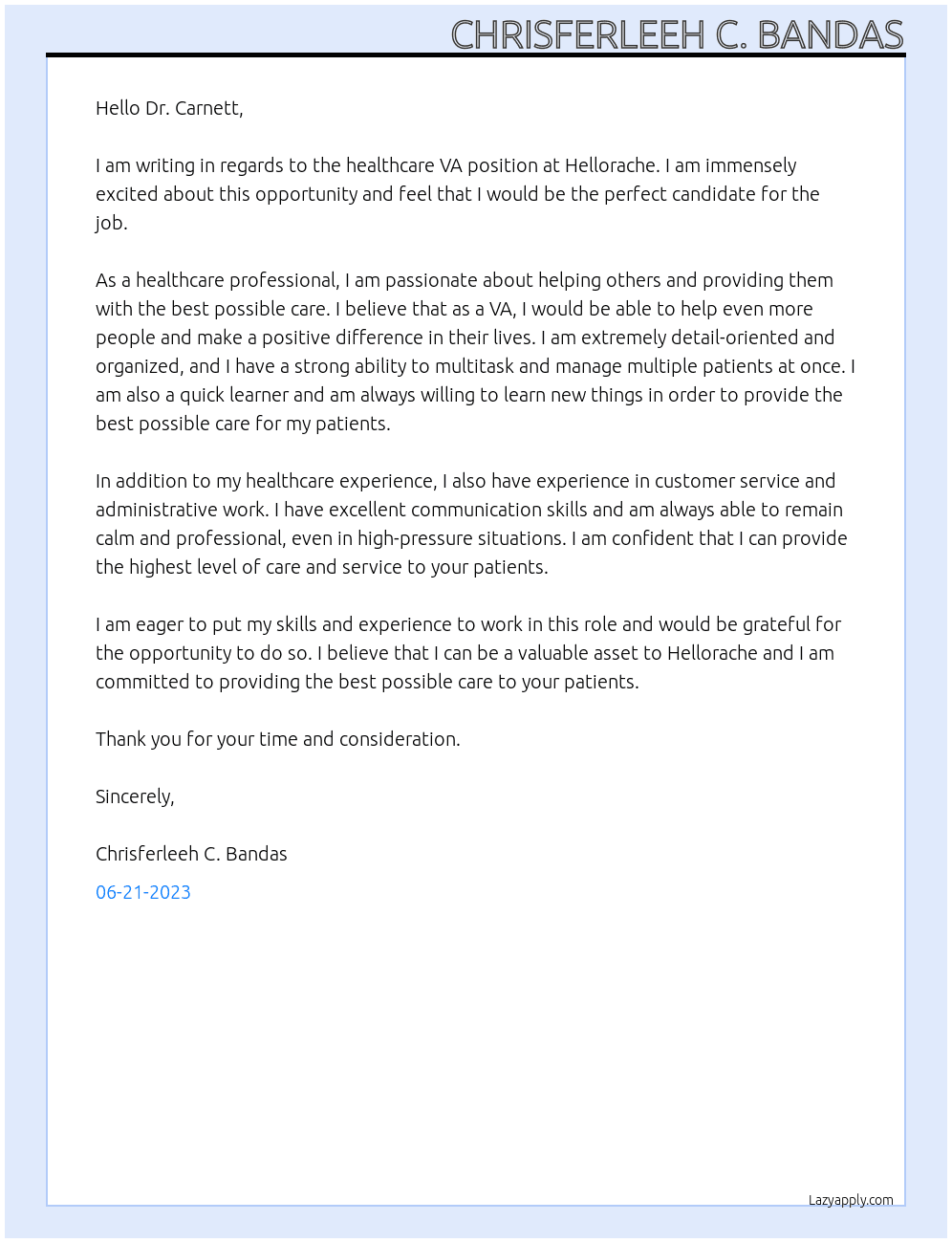 healthcare VA At Hellorache Cover Letter