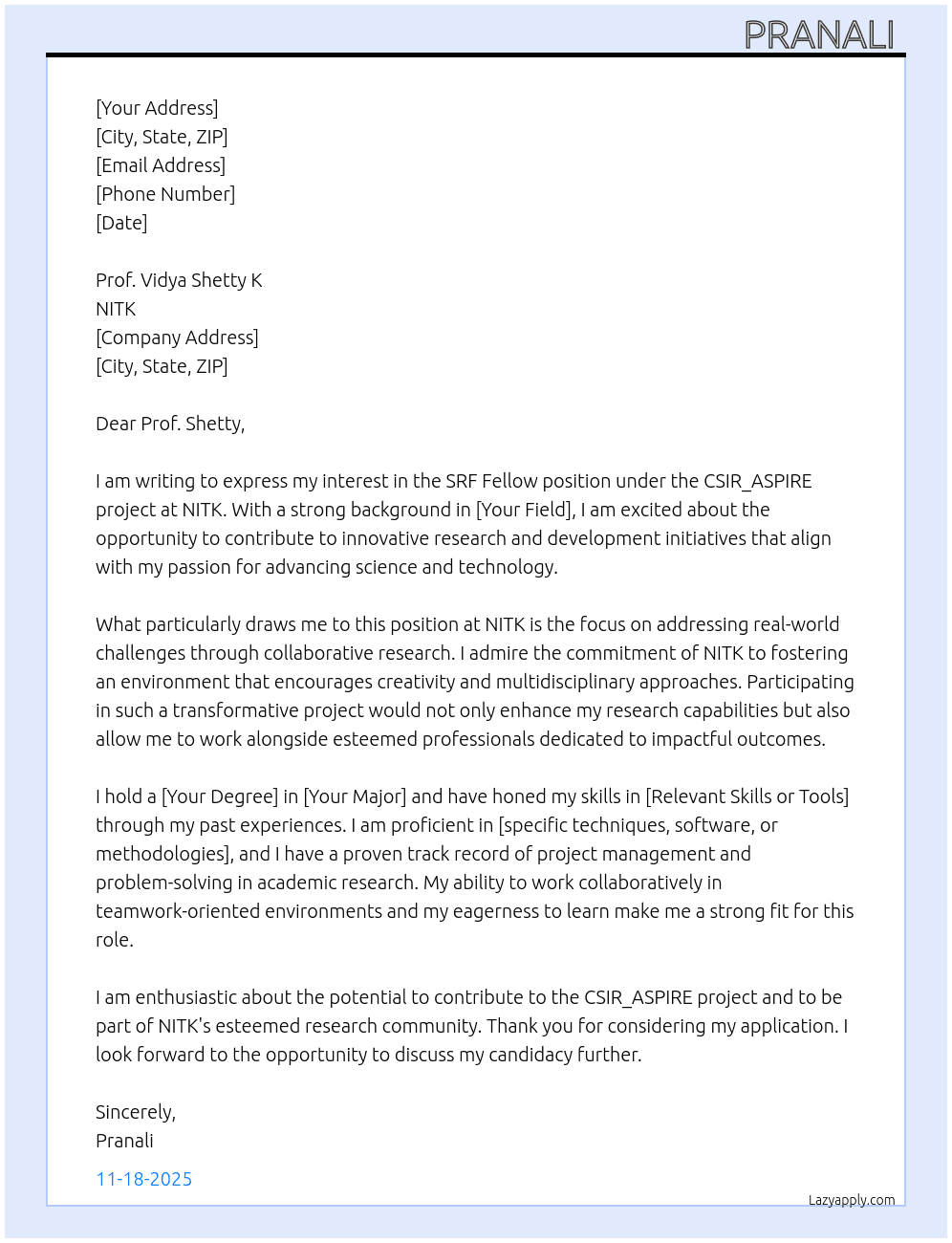 Cover letter for srf feloow under csir_aspire project i nitk - LazyApply