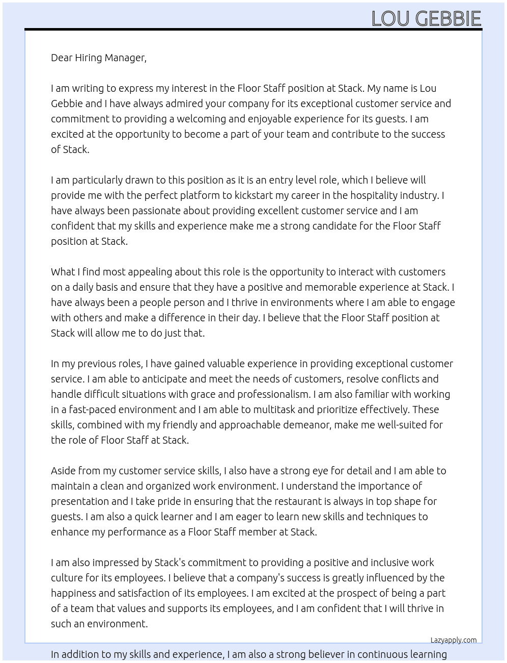 Floor Staff At Stack Cover Letter