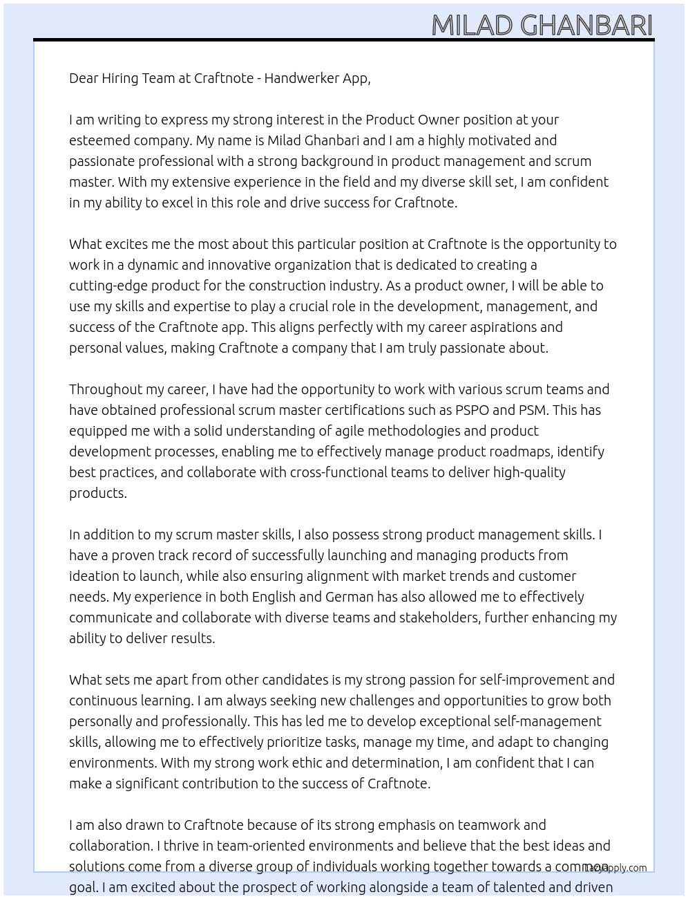 Product Owner At  Craftnote - Handwerker App Cover Letter