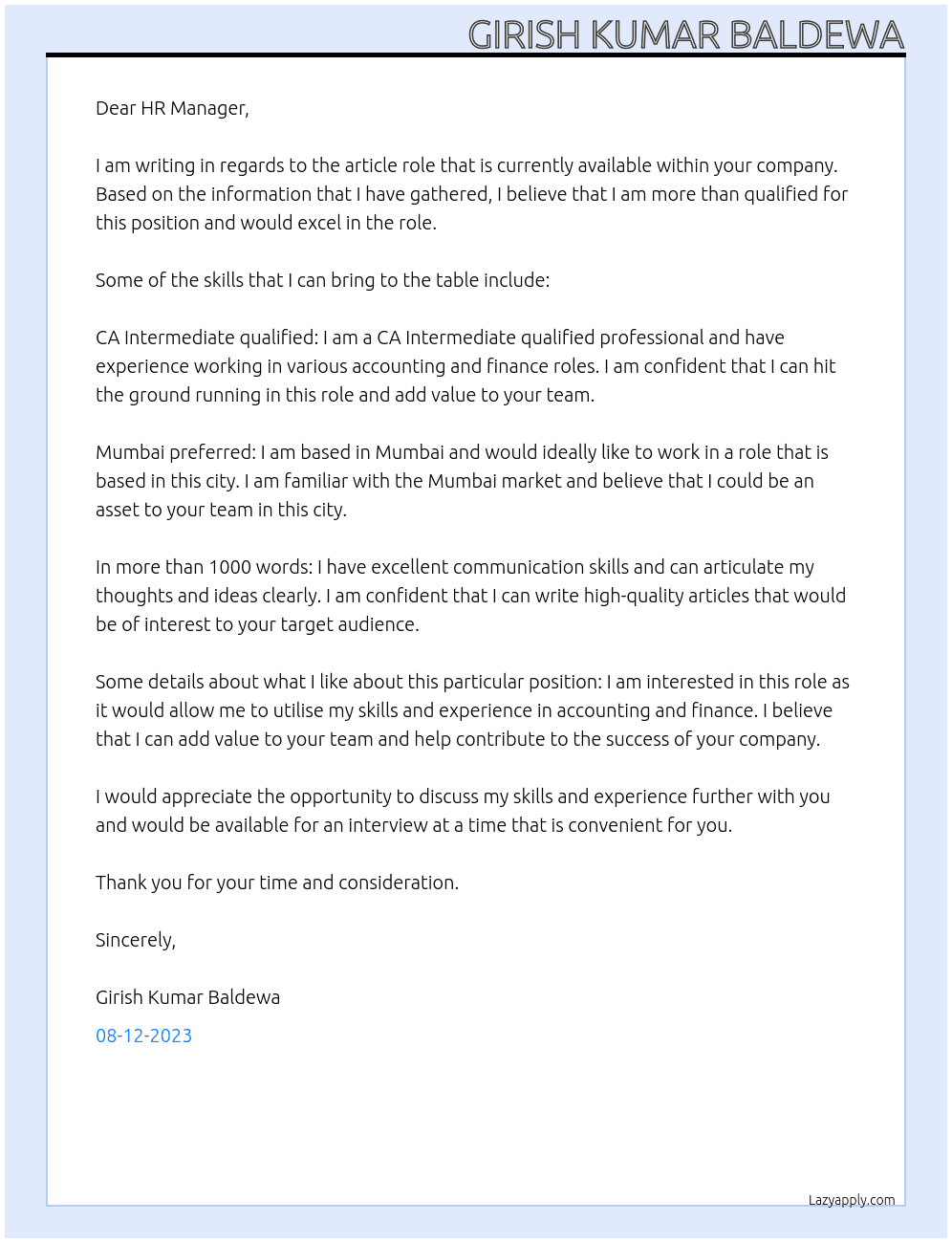 Cover letter for article - LazyApply