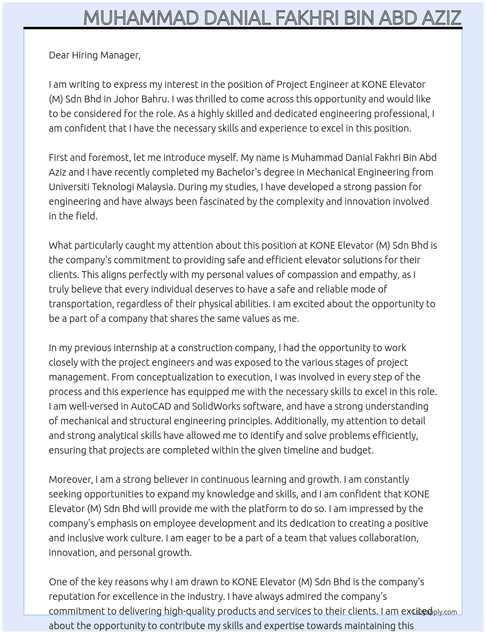 Project Engineer At KONE Elevator (M) Sdn Bhd - Johor Bahru Cover Letter
