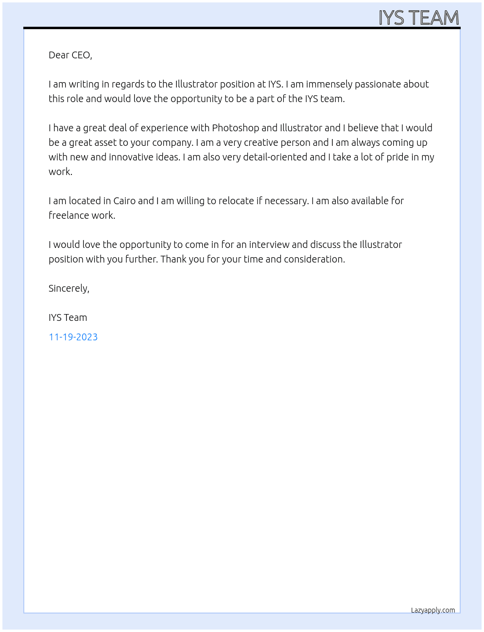 Illustrator At IYS Cover Letter