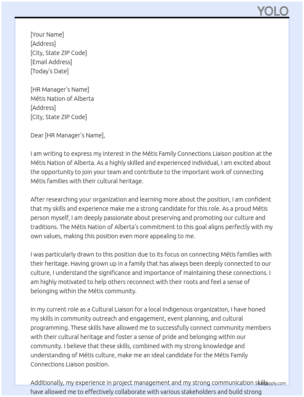 Métis Family Connections Liaison At Métis Nation of Alberta Cover Letter