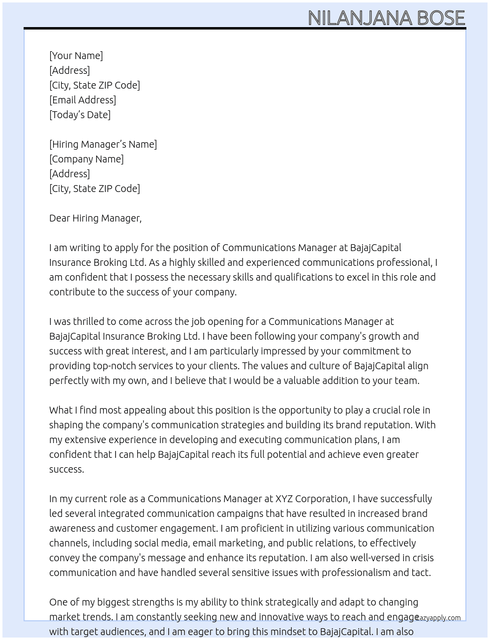 Communications Manager At BajajCapital Insurance Broking Ltd Cover Letter