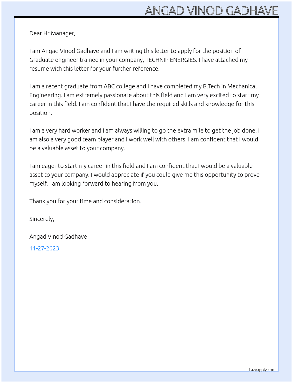 Graduate engineer trainee At TECHNIP ENERGIES Cover Letter