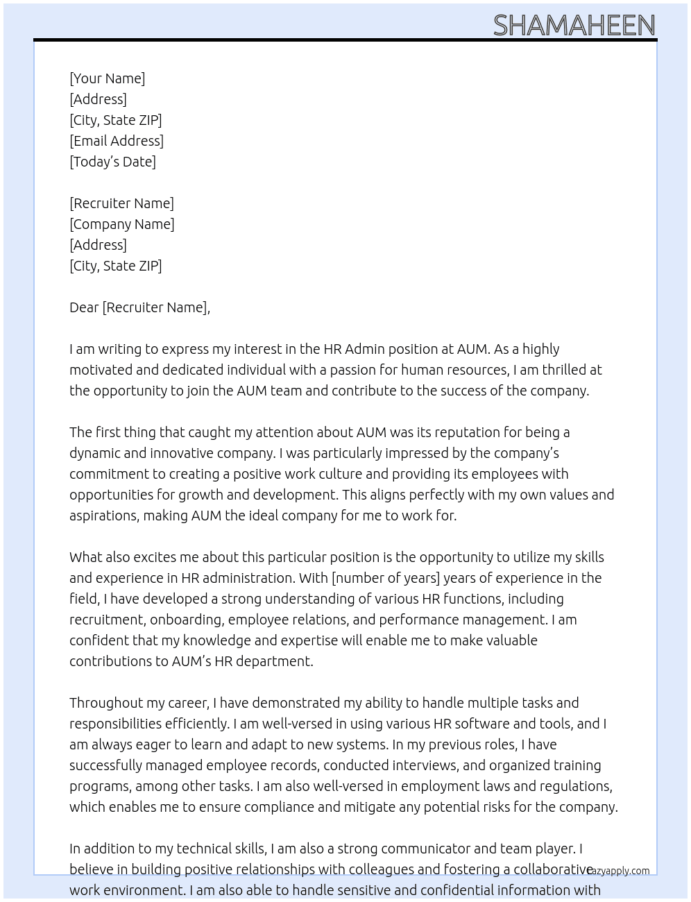 HR Admin At AUM Cover Letter