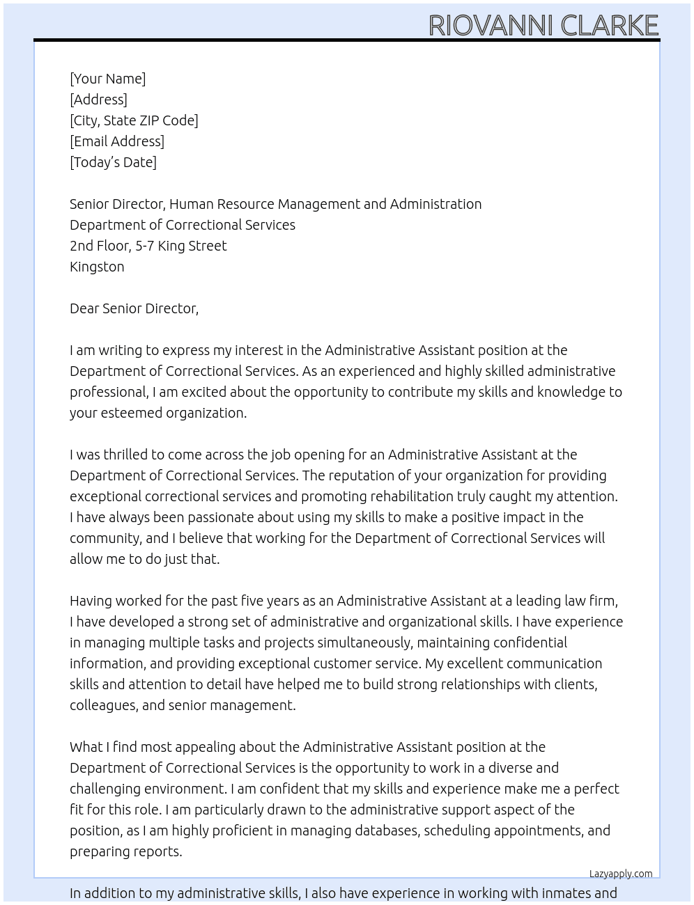 Administrative Assistant At DEPARTMENT OF CORRECTIONAL SERVICES Cover Letter