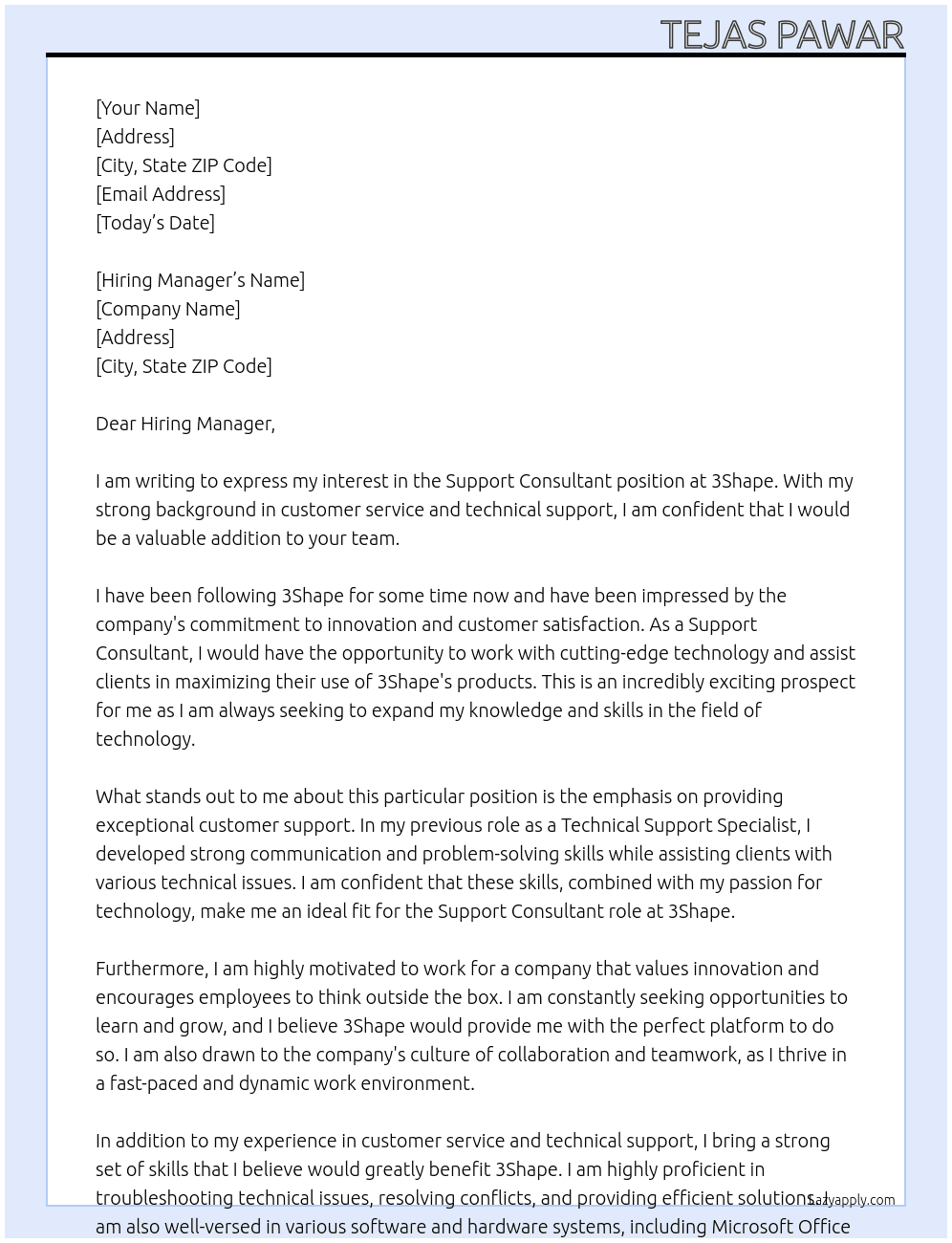 Support Concultant At 3Shape Cover Letter
