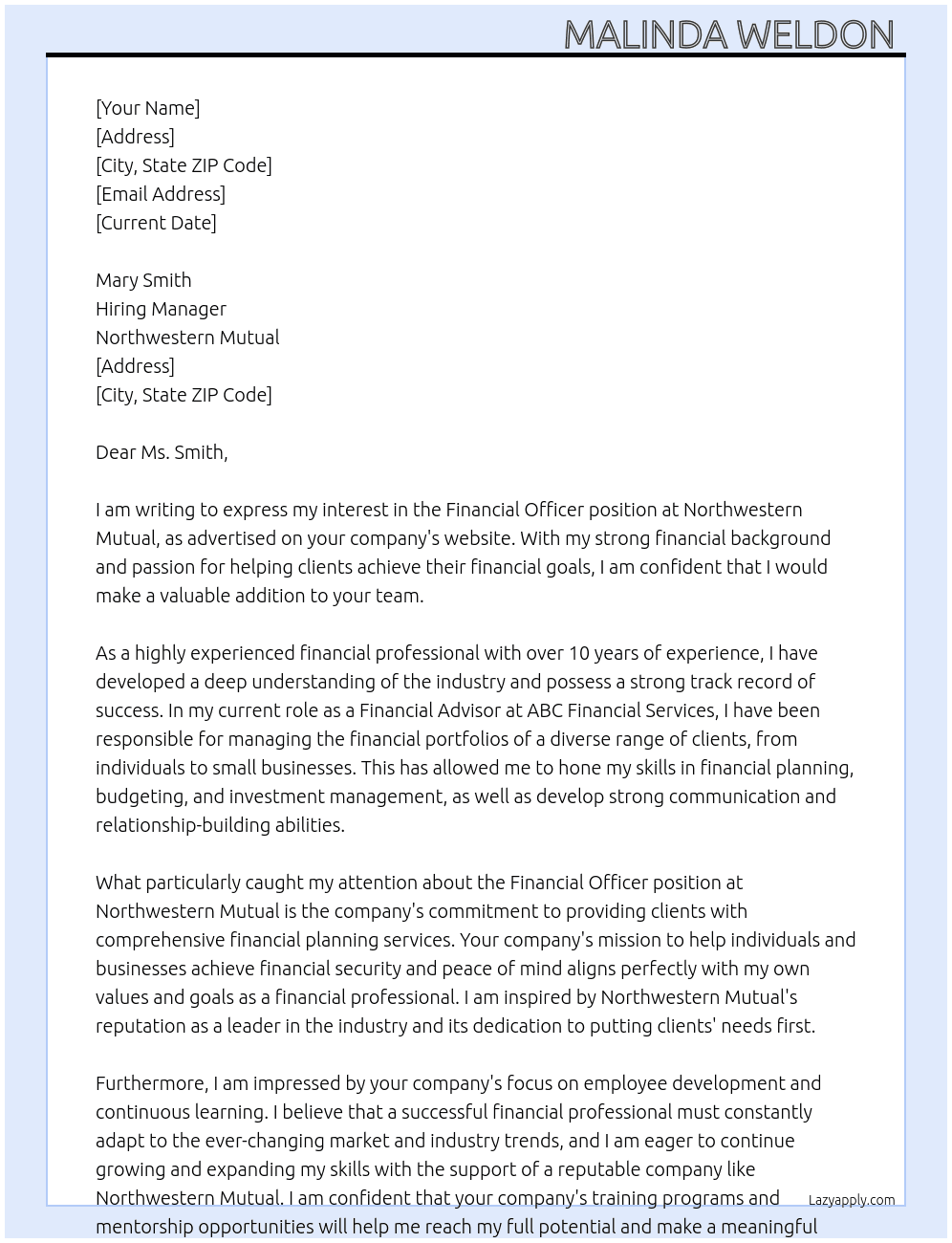 Financial Officer  At Northwestern Mutual  Cover Letter