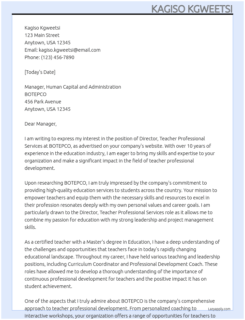 Director, Teacher Proffessional Services  At BOTEPCO Cover Letter