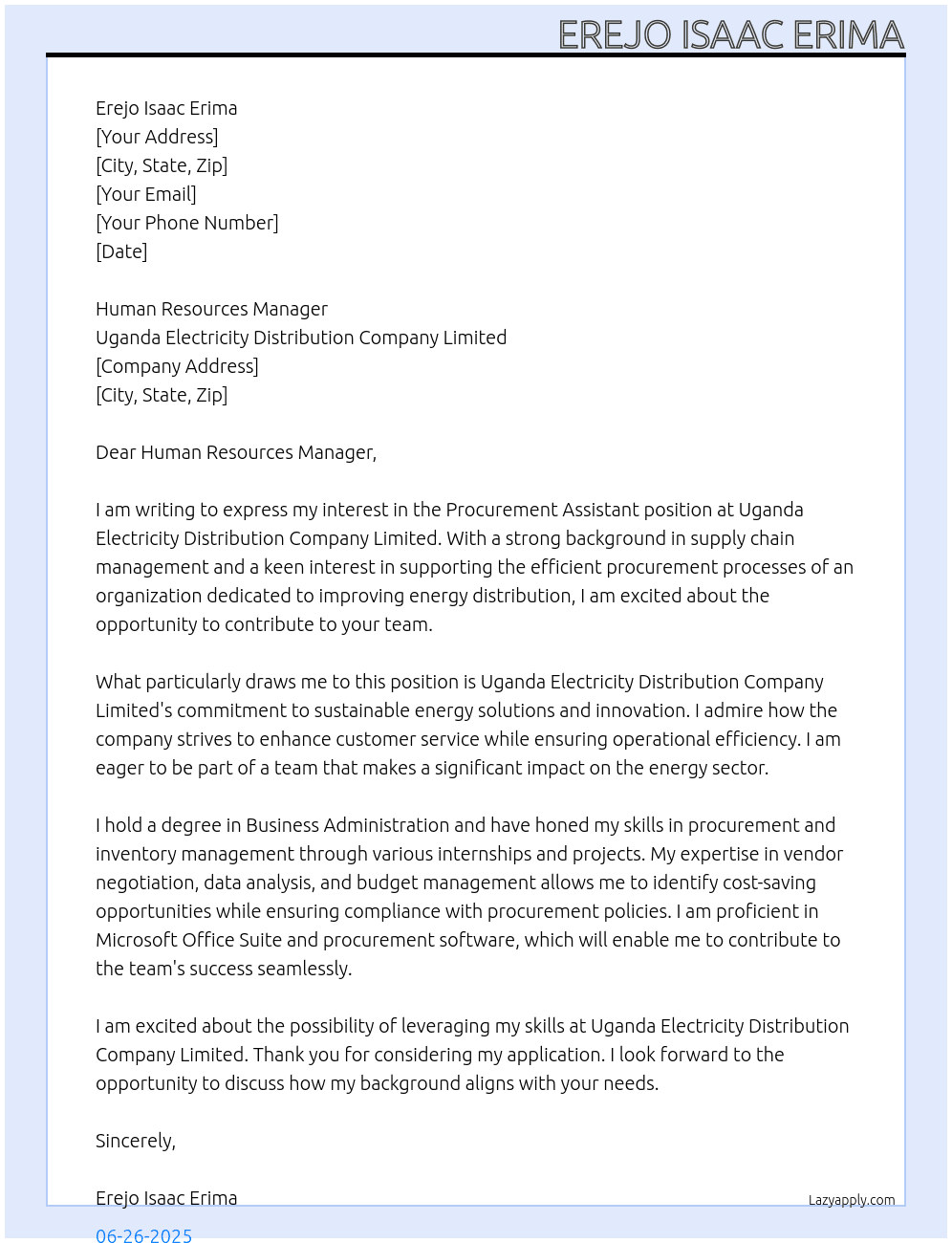 Cover letter for proccurement assistant - LazyApply