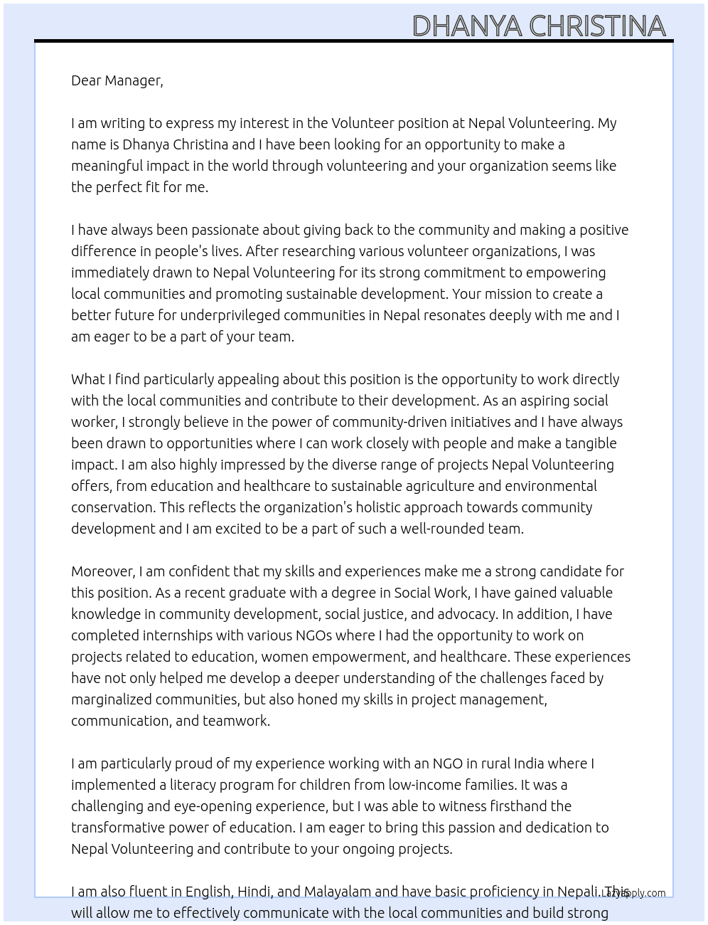 Volunteer At Nepal volunteering  Cover Letter