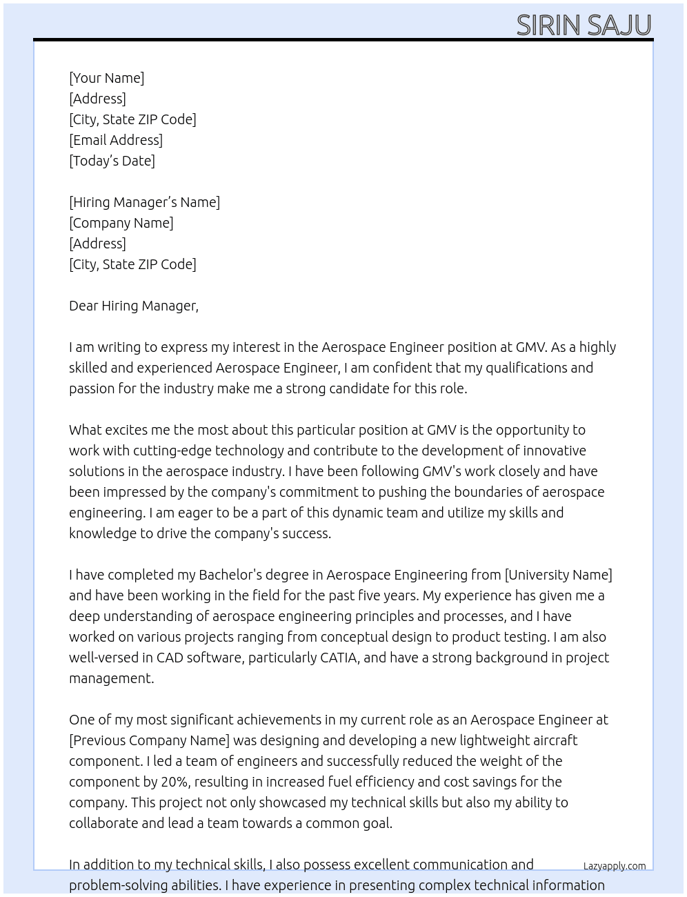 Aerospace engineers  At gmv Cover Letter