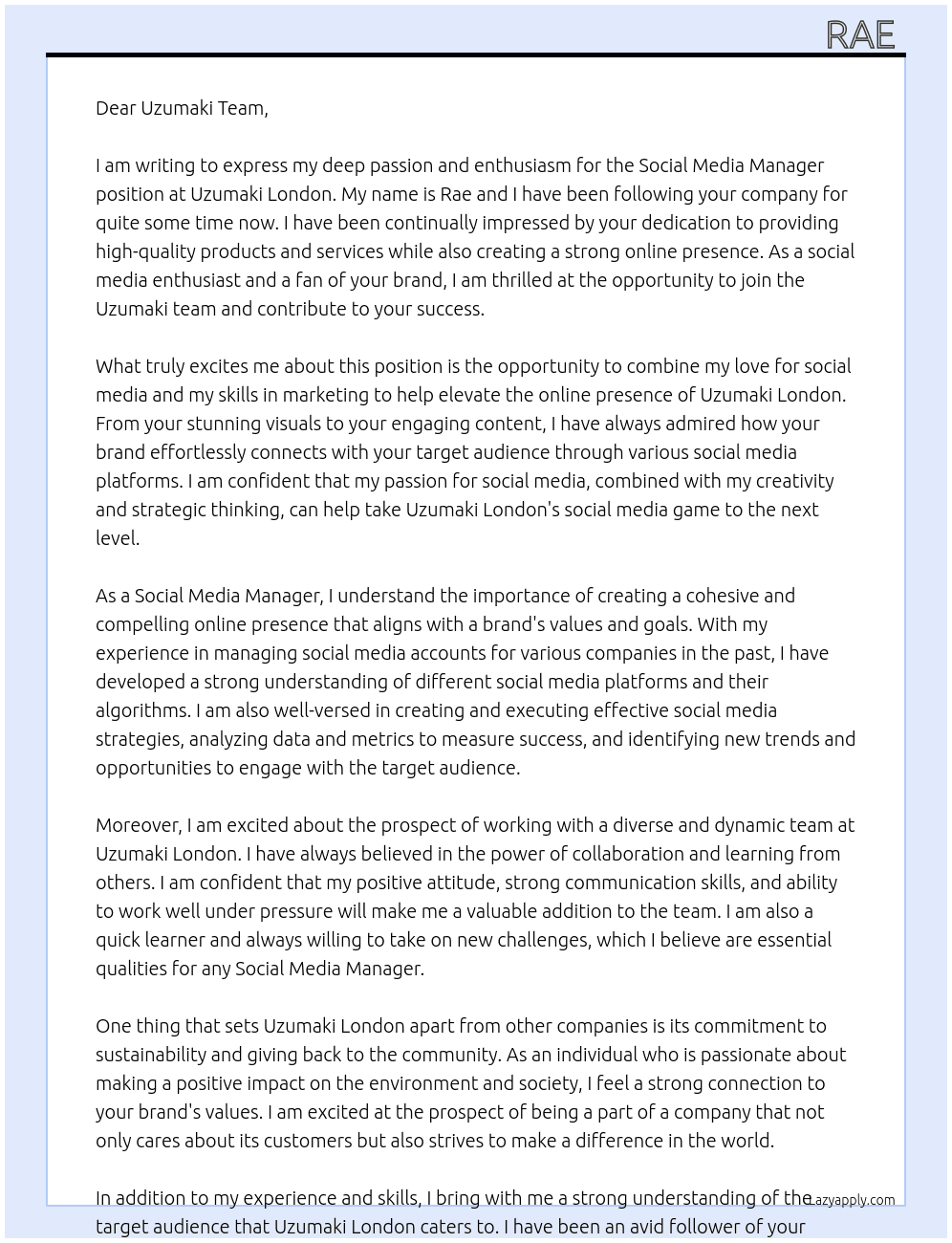 Social Media Manager At Uzumaki London  Cover Letter