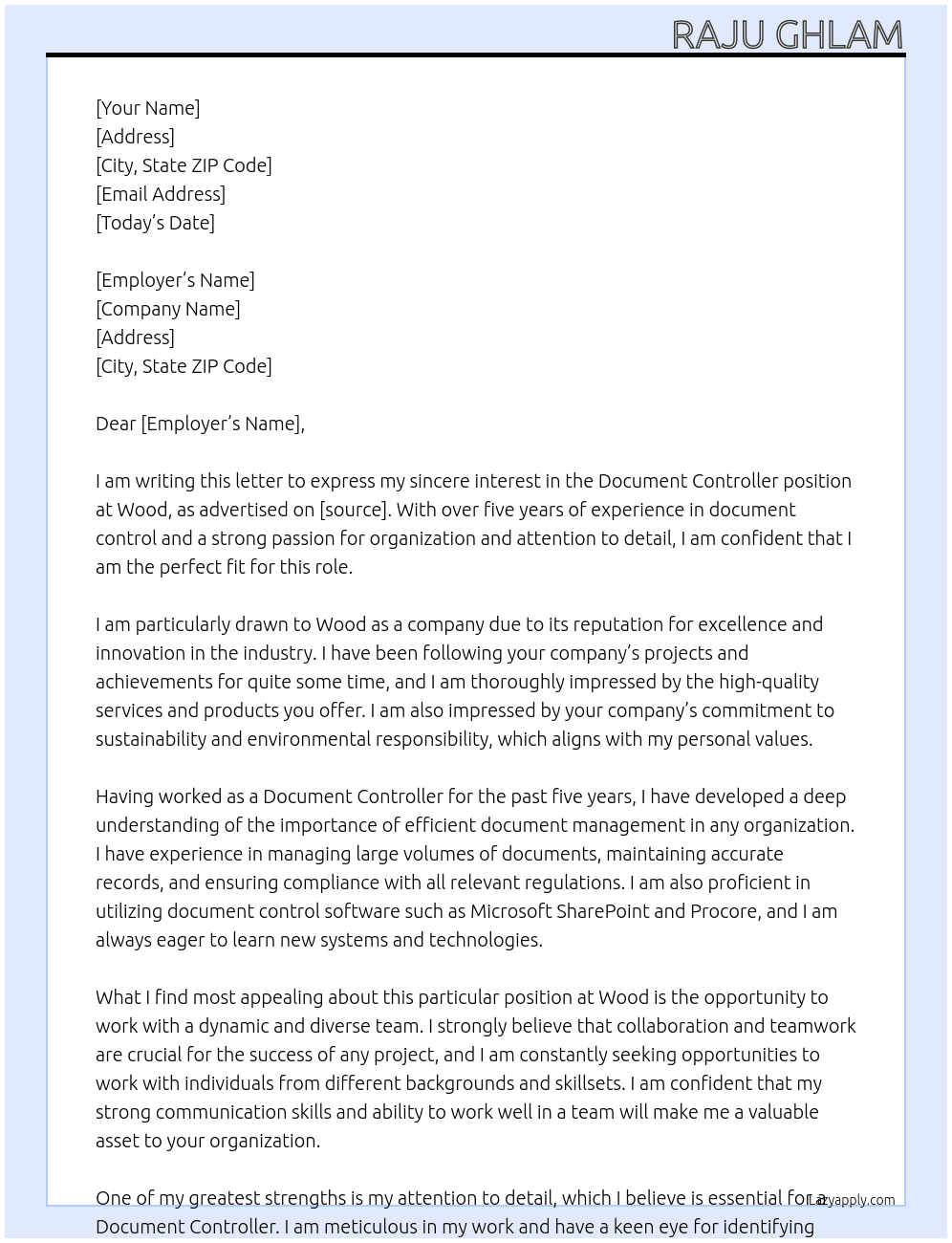 Document Controller At Wood Cover Letter
