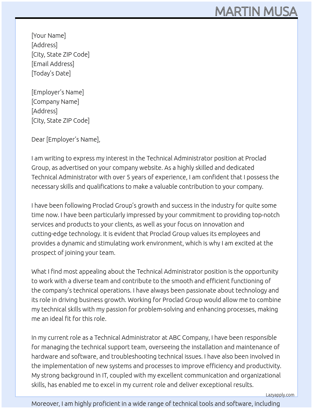 Technical Administrator At Proclad Group Cover Letter
