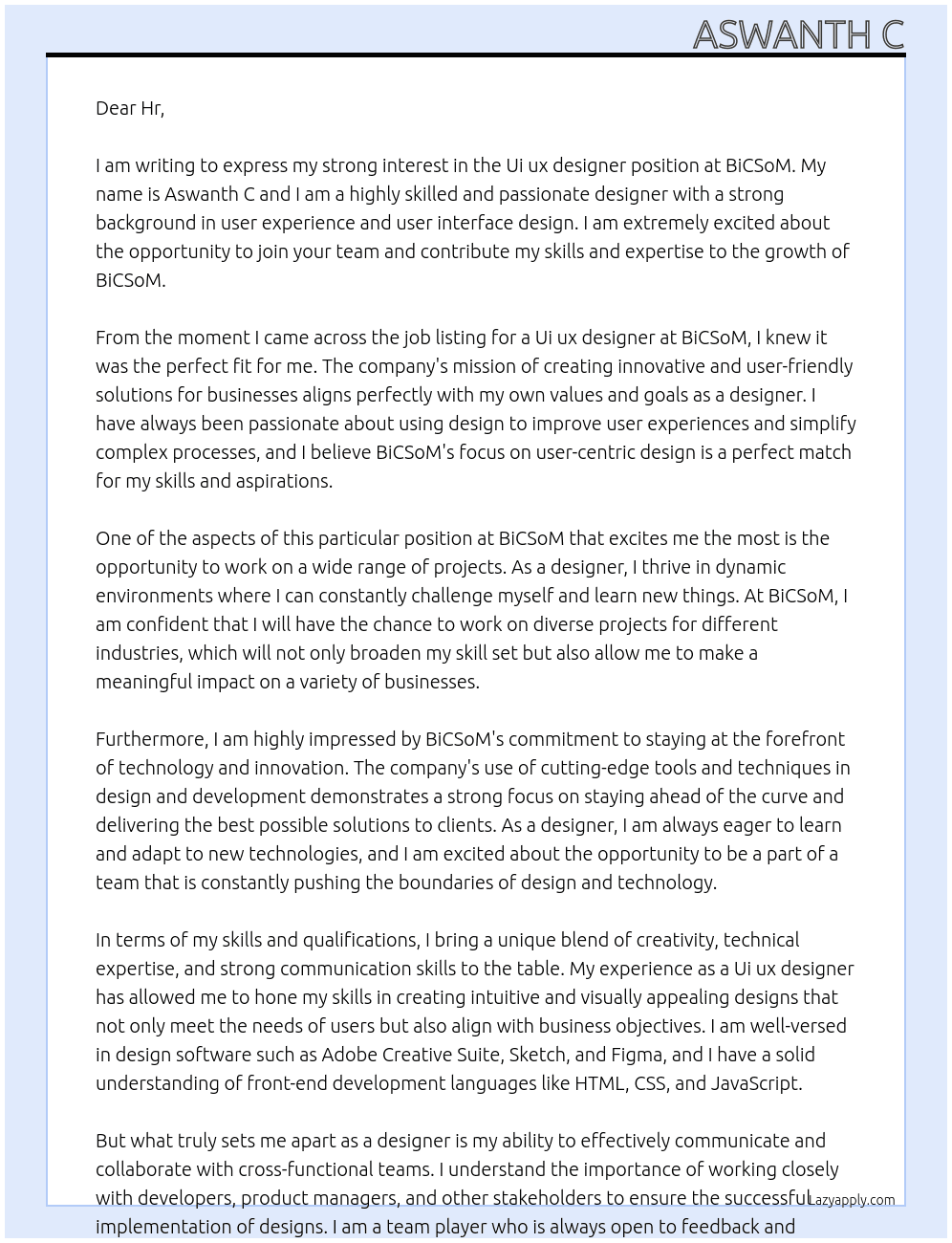 Ui ux designer  At BiCSoM Cover Letter