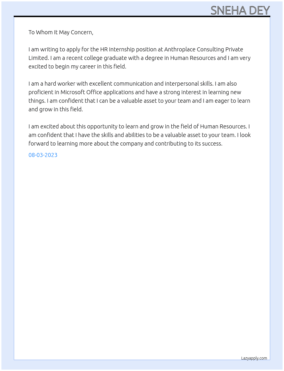 HR INTERNSHIP At Anthroplace Consulting Private Limited Cover Letter
